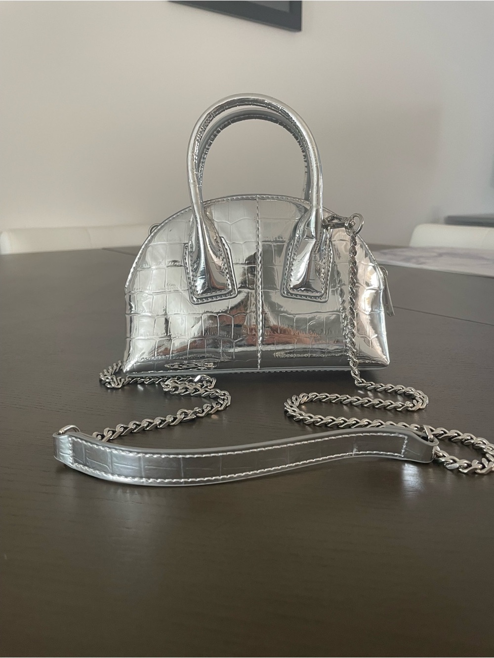 Zara Metallic Silver Croc-Embossed Mini Satchel with Chain Strap
